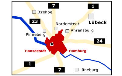 Skizze mit allen Bundesautobahnen die nach Hamburg führen. Bundesautobahnen 1, 7, 23, 24