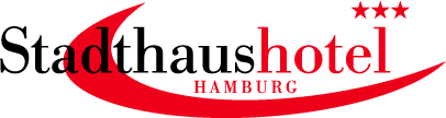 Logo des Hotels: Drei Sterne und der Schriftzug Stadthaushotel Hamburg – anders und gut! - vor einem schwungvollen Bogen.